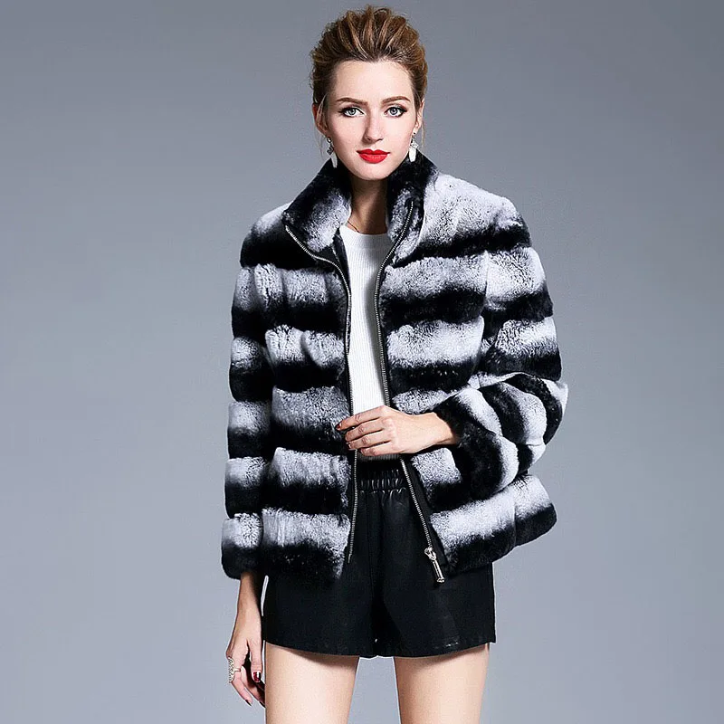 

2017Real natural rex rabbit fur coat high quality 100% genuine rex rabbit fur chinchilla color winter jacket plus size 4XL