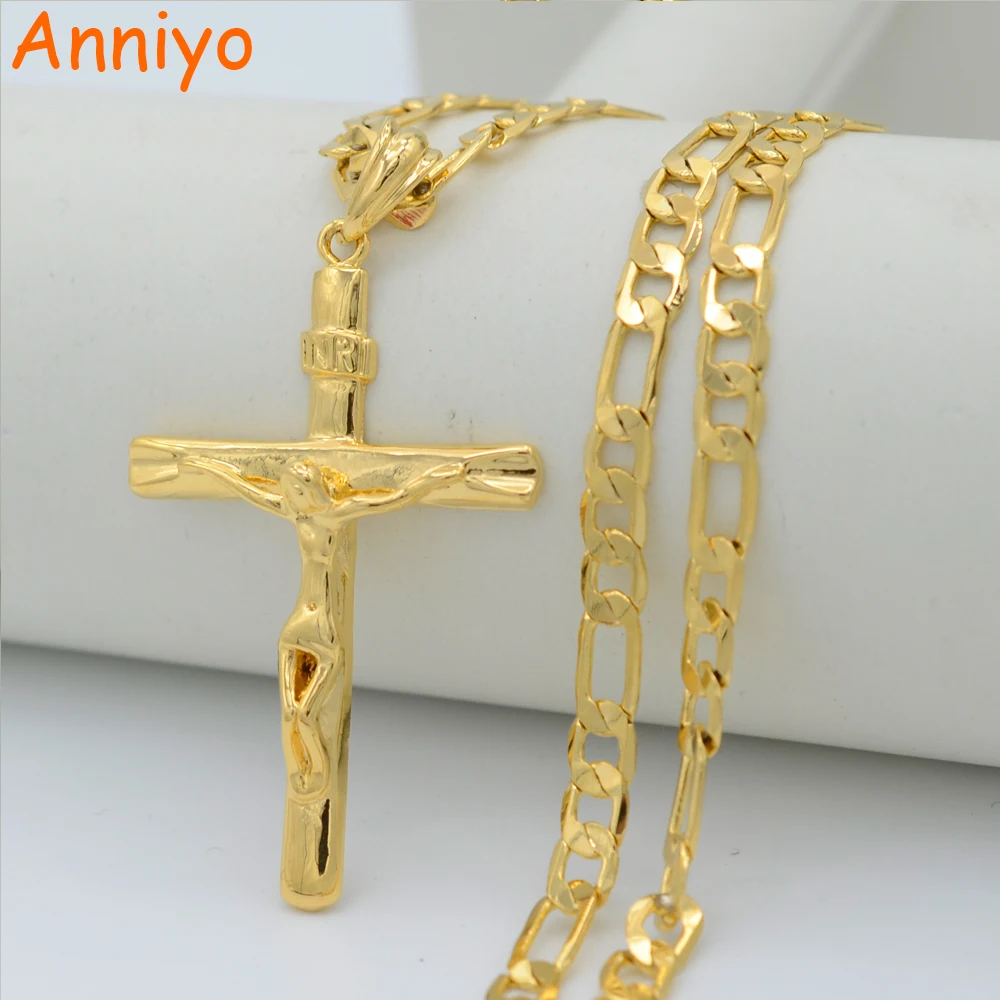 

Anniyo INRI Cross Pendant Necklaces Chain Women Men,Crucifix Christianity Gold Color Jesus of Nazareth,King of the Jews #227806