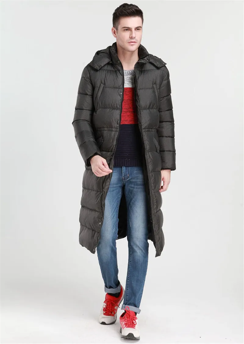 Черная Повседневная Длинная стильная повседневная мужская зимняя куртка, пуховик на белом утином пуху, Мужская Высококачественная снегозащитная парка FYY104