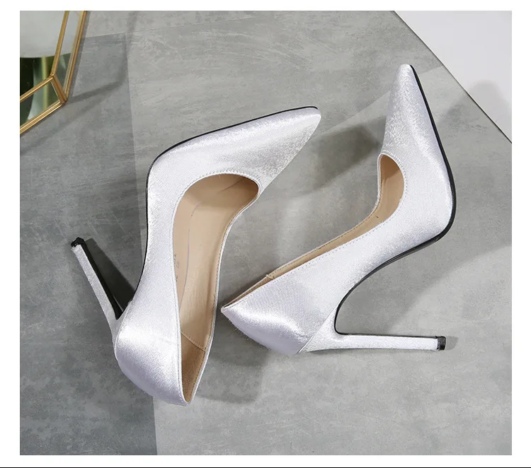 Fashion Satin Shallow Wedding Shoes Elegant Women Pumps Solid Flock Pointed Toe High Heels Shoes Plus size 35-46
