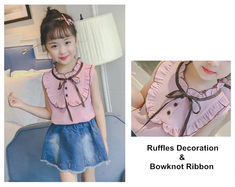 kids girls bowknot ribbon sleeveless shirts  denim short skirts girls clothes suits sets 02