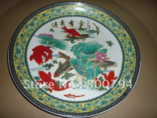 

34cm(d) Rare Qing Dynasty porcelain plate,"New Year's Fish",Pastels, silver carp,Free shipping