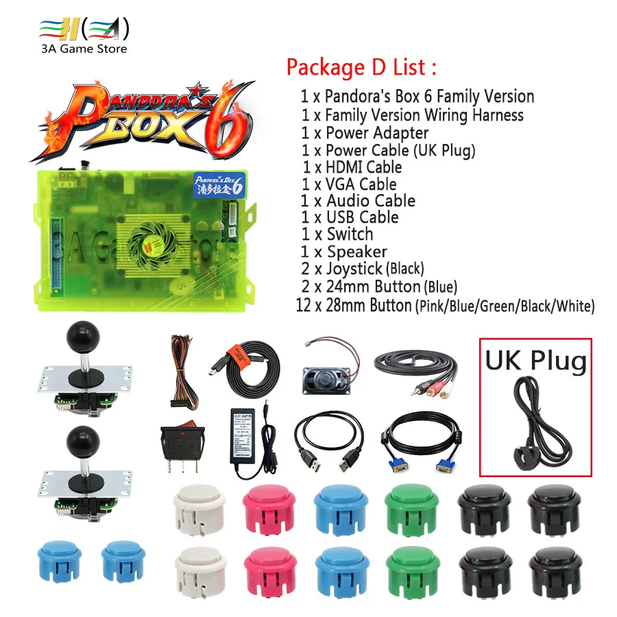 Pandora box 6 1300 в 1 семейная версия джойстик кнопка и жгут проводов DIY аркадный контроллер аксессуары usb HDMI VGA выход - Color: D set - UK plug