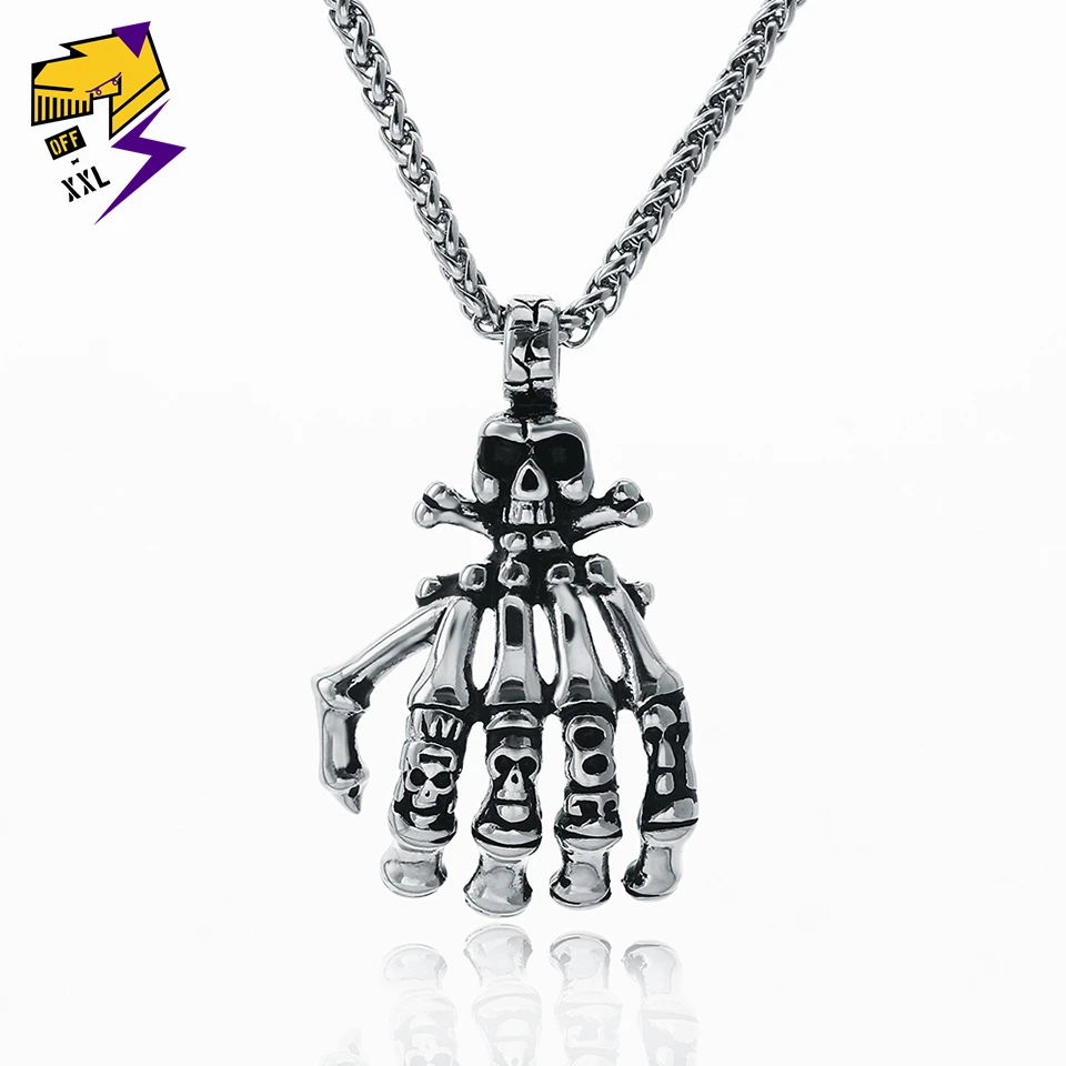 Steampunk Skeleton Finger Pendant Necklaces Vintage Skull Hand Silver Chains Biker for Men Rock Roll Jewelry | Украшения и