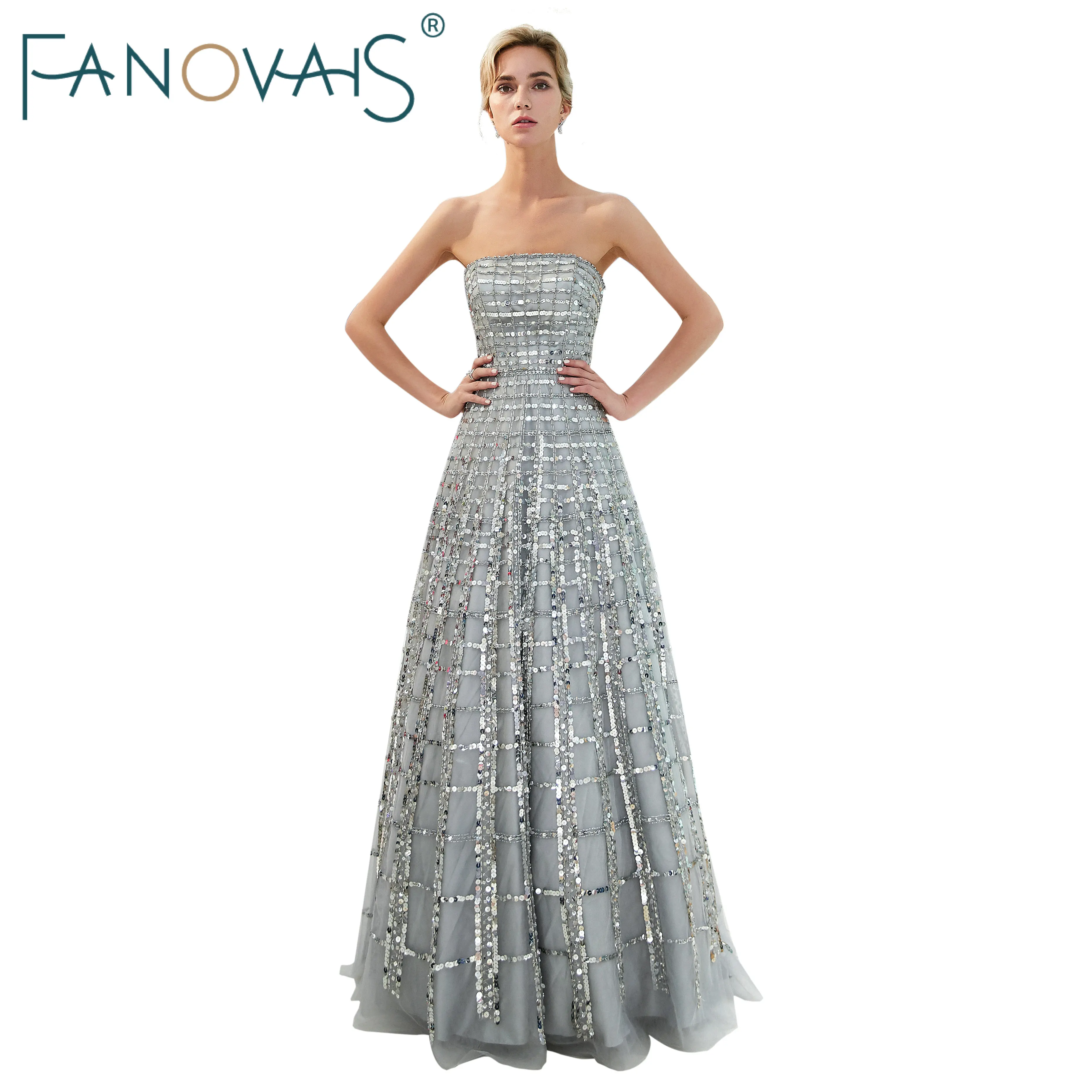 strapless silver gown