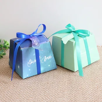 

50PCS/LOT European style candy box,Tiffany blue wedding candy bag,trapezoidal box folding tray starry sky blue gift box
