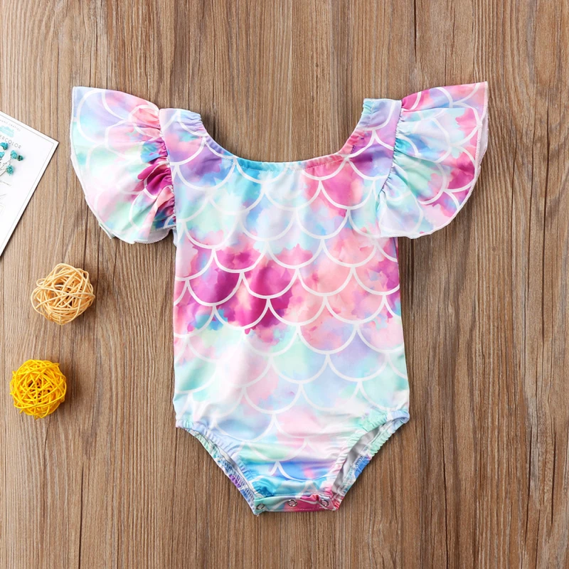 Цельный купальник-Бикини для новорожденных девочек, купальный костюм, купальный костюм с рукавами-крылышками и принтом
