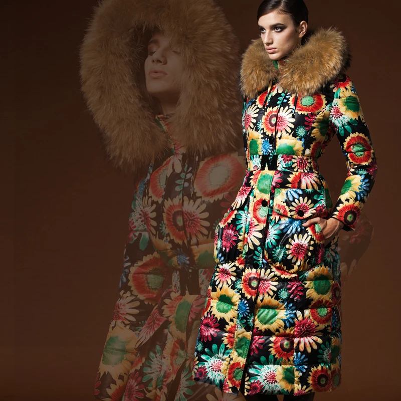 Новые модные роскошные женские зимние длинные пуховики с большим меховым воротником с капюшоном, женское теплое пуховое пальто с принтом, приталенное PQ108