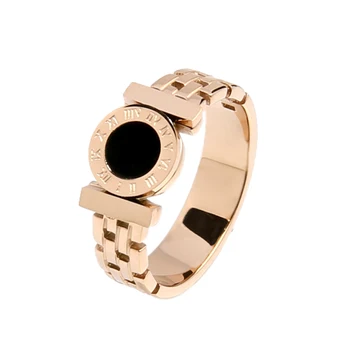 

Hot 2019 New Wholesale Gold Color Stainless Steel Round Roman Letter Black Stone Ring For Women Girl Woman Jewelry Gitf