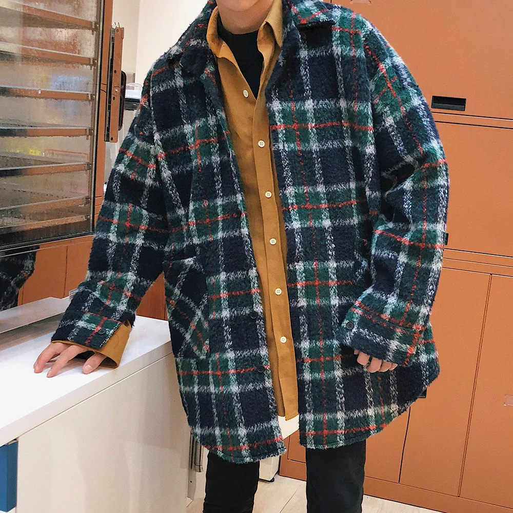 

2018 Men's Fashion Trench Wool Blend Lattice Overcoat Loose Casual Grey/Green Cotton-padded Clothes Woolen Cashmere Coat M-2XL