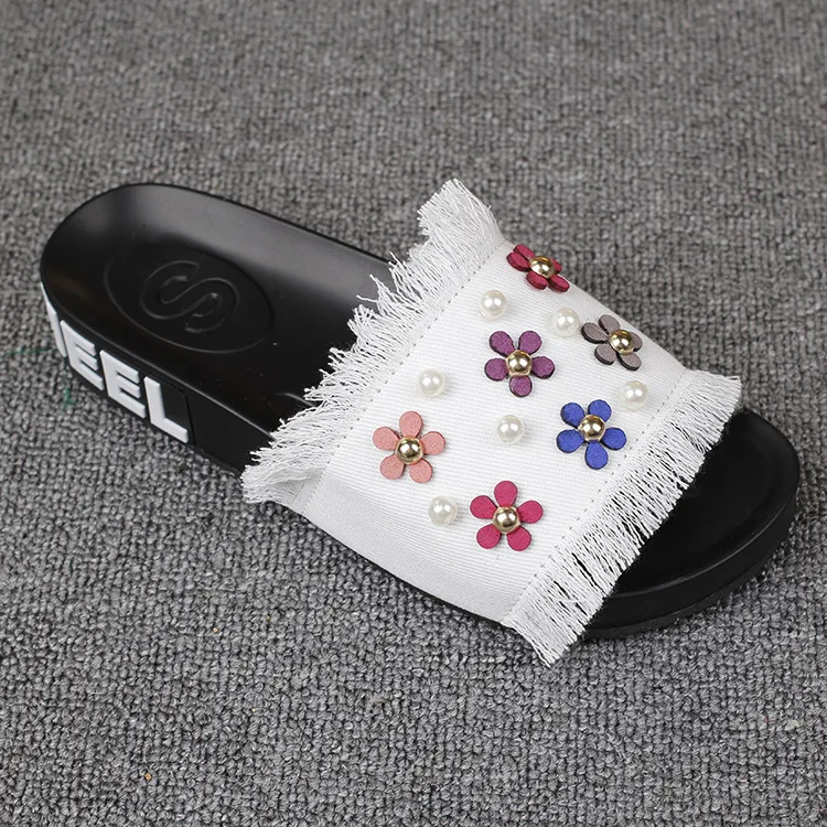 2016 New Korean Female Summer Sandals Casual Slippers Online Denim Daisy Pearl Ladies Comfort Footwear Cheap55
