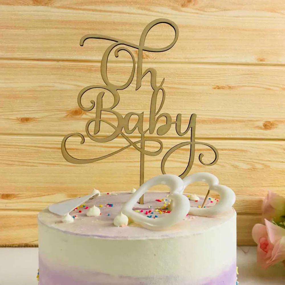 Oh Baby Cake Topper for Baby Shower Cake Decoration Supplies , Wood Glod mirror Color Acrylic Cake Topper Commemorative topper