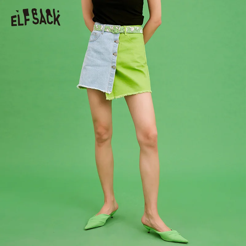 

ELF SACK Neon Green Patchwork Denim Skirt Women Streetwear Fashion Mid Waist A-Line Female Skirts 2019 Summer Cotton Hot Short