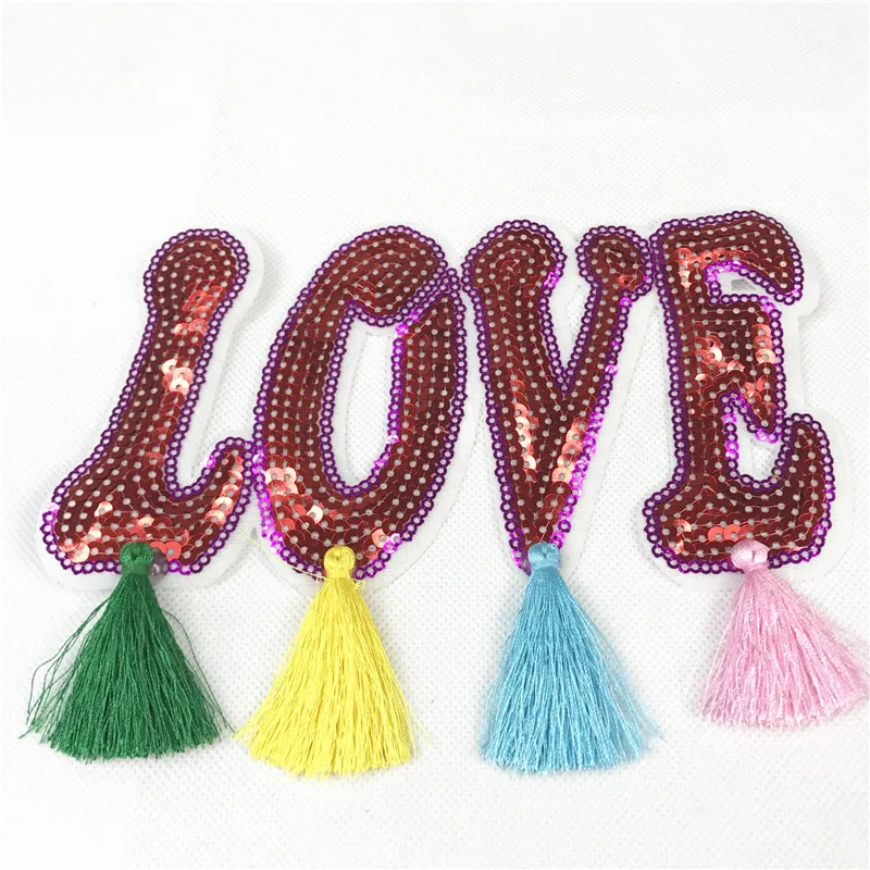 

1PCS big Sequins tassel love iron On Patch Sewing Embroidered Applique Patch Clothes Stickers DIY Apparel Accessories riverdale