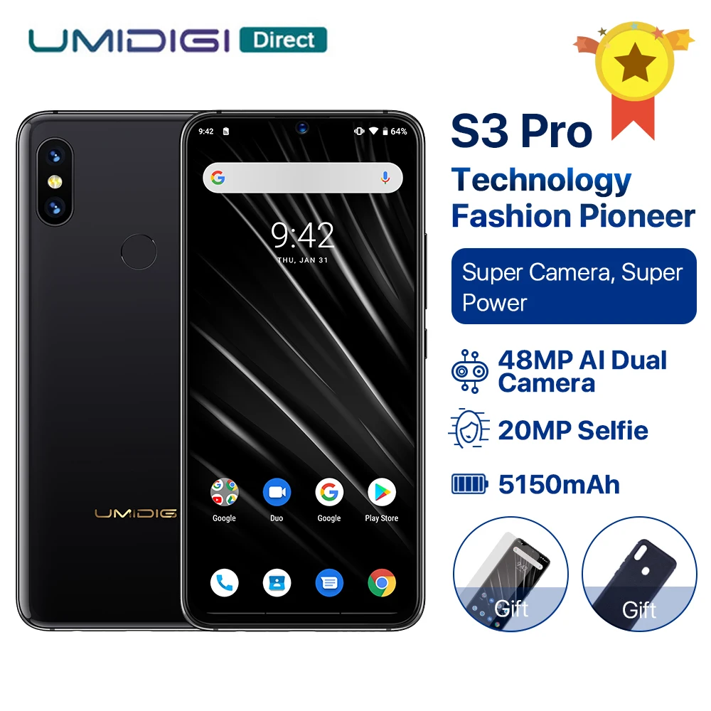 

UMIDIGI S3 PRO Android 9.0 48MP+12MP+20MP AI Camera 5150mAh 128GB 6GB 6.3" FHD+ NFC Ceramic Waterdrop Global Version Smartphone