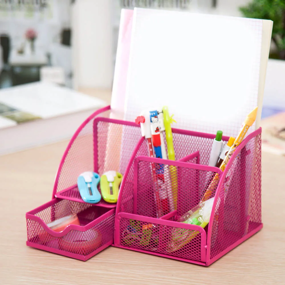 

Metal Desk Organizer Combination Mesh Desktop Pencil Pen Badge Holder Storage Box Stationery Ruler Office School Supplies