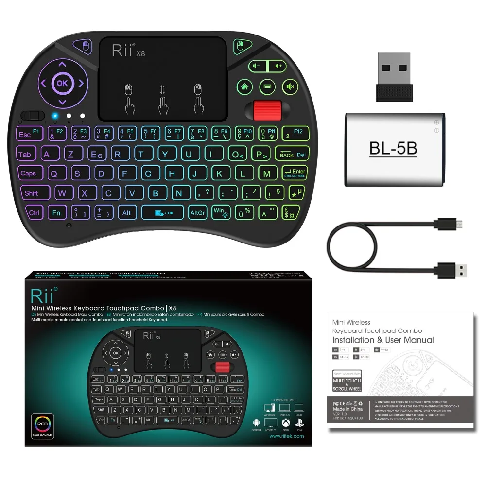 Original Rii X8 2.4GHz AZERTY Mini French Wireless Keyboard with Touchpad, changeable color LED Backlit, Li-ion Battery Original Rii X8 2.4GHz AZERTY Mini French Wireless Keyboard with Touchpad, changeable color LED Backlit, Li-ion Battery