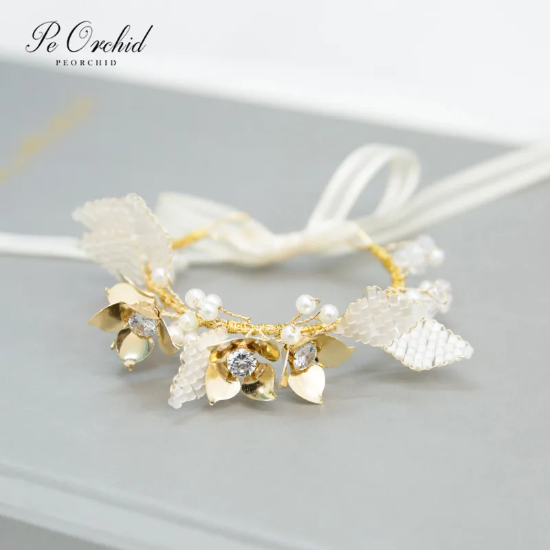 

PEORCHID Beaded Crystal Wedding Bracelet With Flowers Hand Ribbons Wrist Flower Bridesmaid Wrist Band Pulseras Dama De Honor