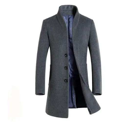 Модное мужское длинное шерстяное пальто, однобортное приталенное пальто, Мужская одежда, куртка с воротником-стойкой, парка - Цвет: Gray