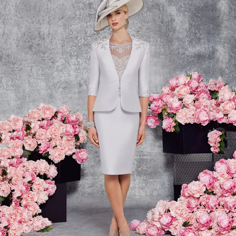 

Simple Elegant Knee Length silver Mother of the Bride Dresses Half Sleeves Formal Evening Gown mother of the groom dresses