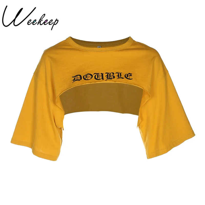 

Weekeep Women Cropped Loose Letter Print t shirt Summer Fashion Rash Guards Crop Top Yellow Cotton O-neck Streetwear T-shirt