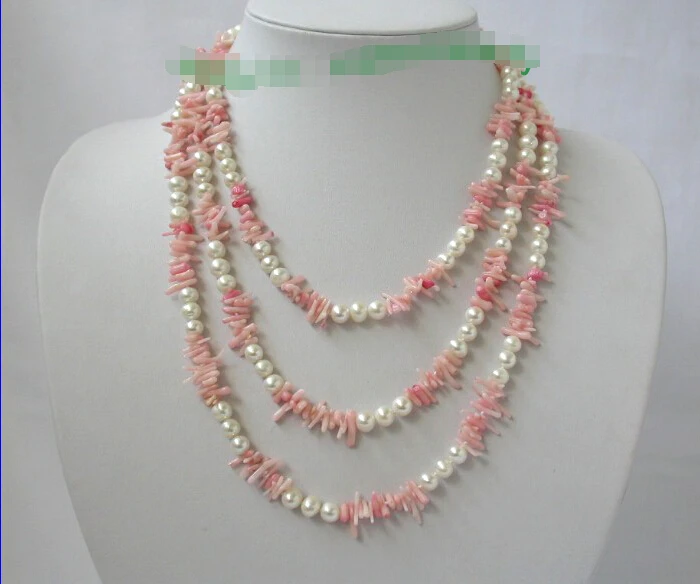 

shippingclassic long 65" 7mm round white freshwater pearls pink coral necklace j252 (A0325)