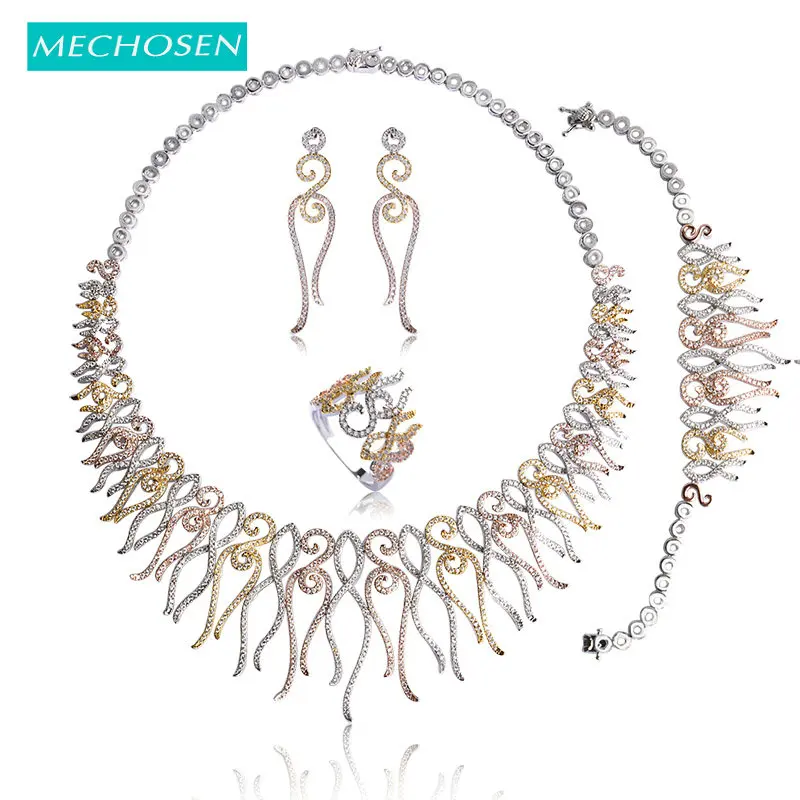 

MECHOSEN Unique Design Luxury Wedding Jewelry Sets Rose Gold-color Zirconia Choker Necklace Earrings Bracelet Ring Set For Women