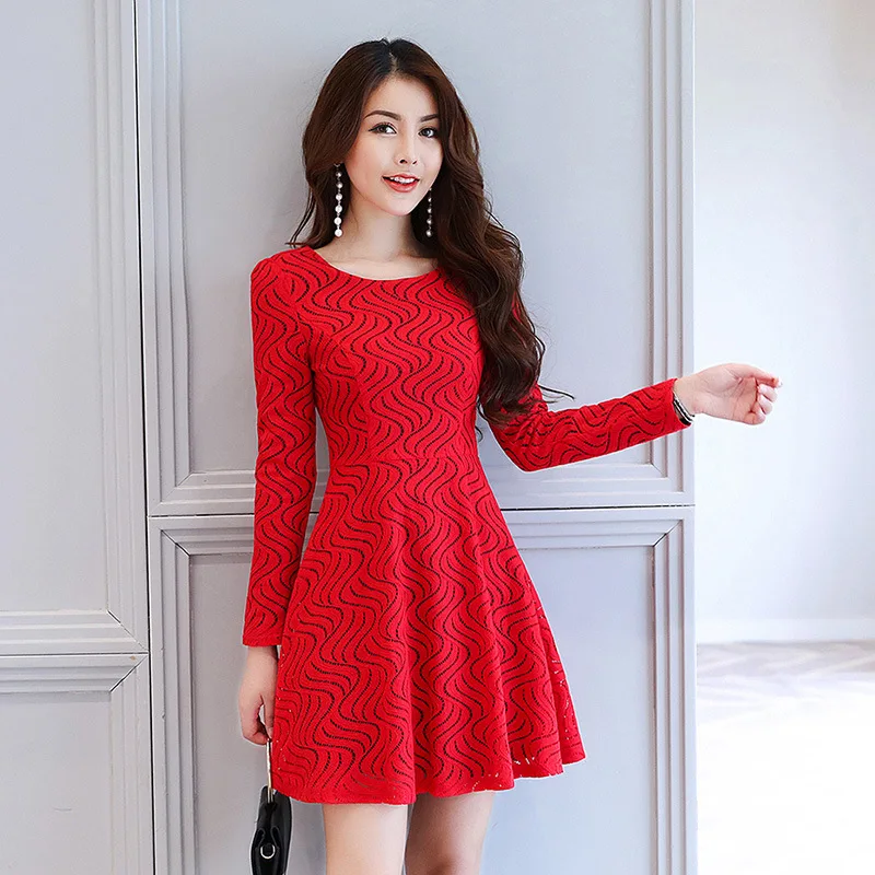 2017 Autumn&winter Women Lace Dress Korean Fashion Slim Lace Contrast Color High Waist Dress O Neck Long Sleeve Red&black Dress