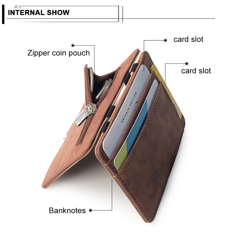 Мужской тонкий кошелек из нубука, держатель для карт, волшебный карман на молнии для монет