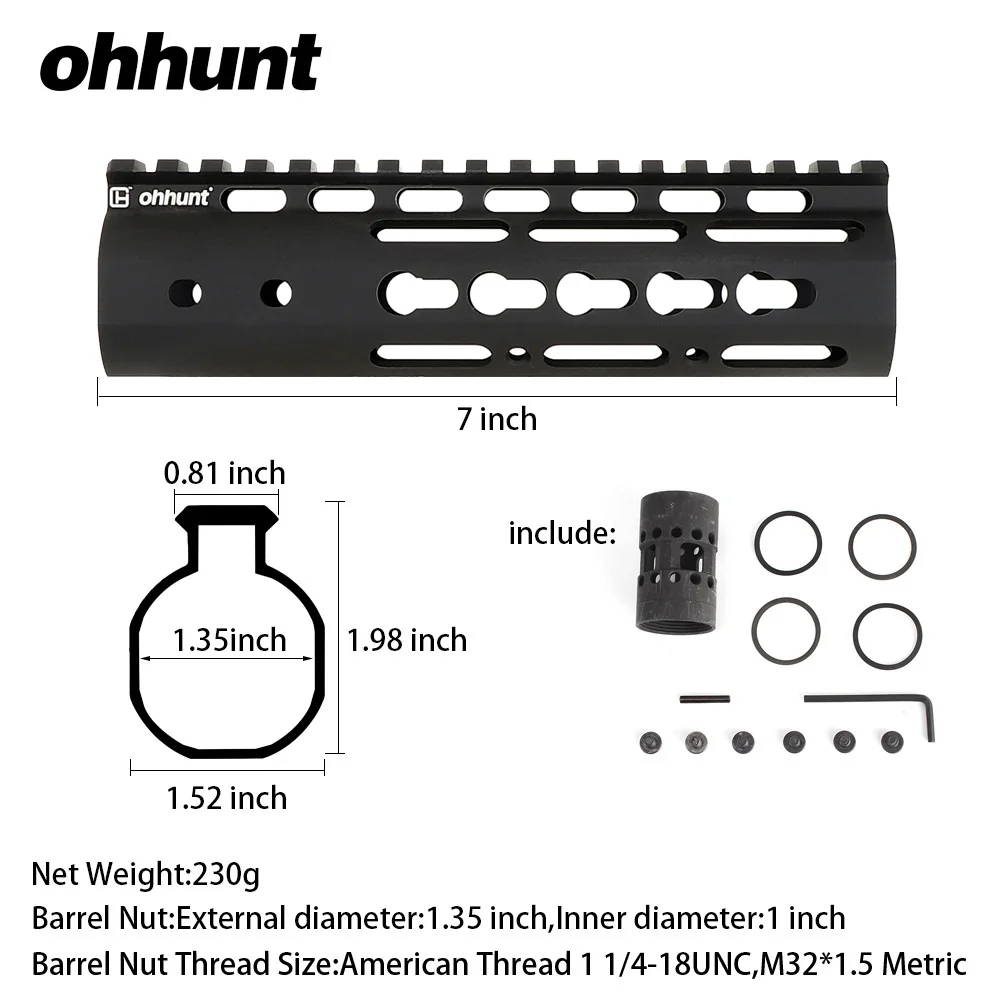 Ohhunt Tactical " 9" 1" 12" 13," 15" AR15 Rail NSR Free Float Keymod Handguard Пикатинни со стальной бочковой гайкой - Цвет: 7 Inch