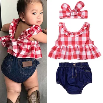 

Hot Selling Children Kids Girl Top Sleeveless Denim Shorts Headband Set Summer Fashion Outfit -17