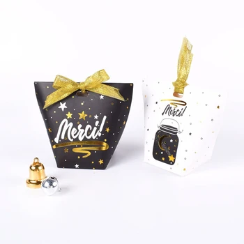 

(25 pieces/lot) Black White Wedding Paper Candy Box Stamp French "Merci" Thank You Gift Box Christmas Elk Box With Ribbon B069