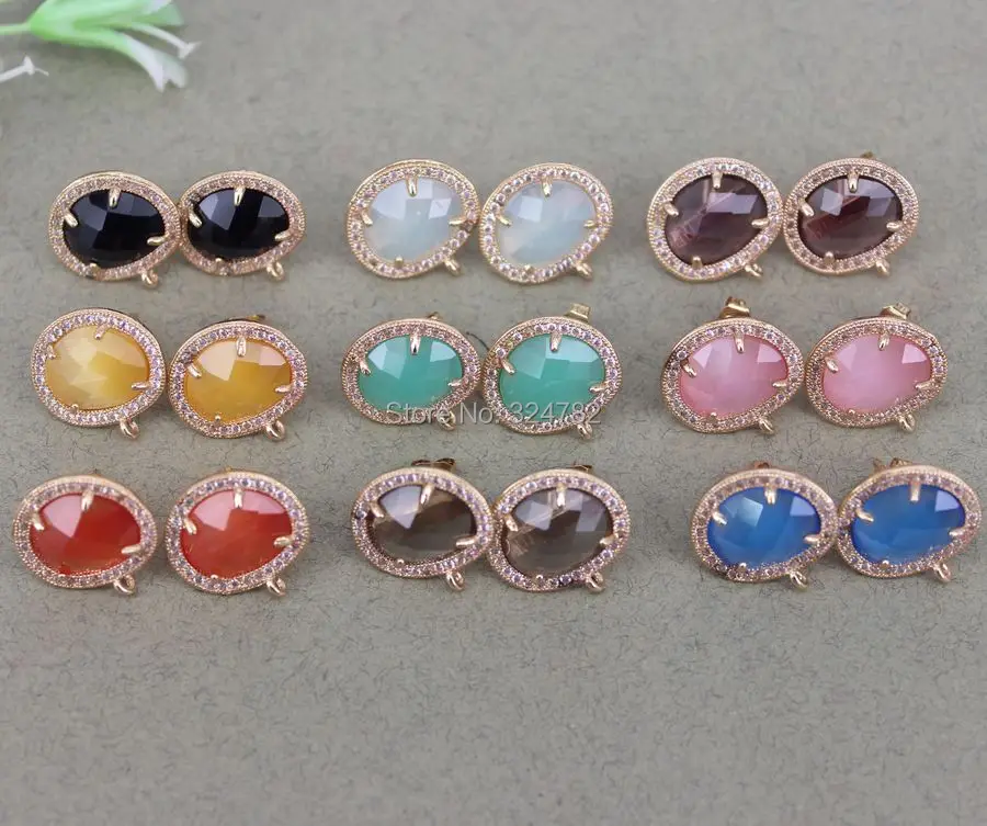 

5 Pairs Micro Pave CZ Crystal Glass Post Earring Findings with Loop,Crystal Glass Stud Earring Supplies