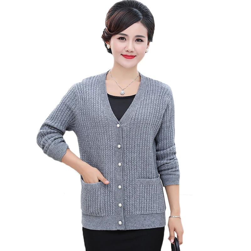 

Middle-aged Knitted Women Sweater Cardigan Coat New Spring Autumn Jacket Plus Size 5XL Single Breasted Long Sleeve Sweater 719