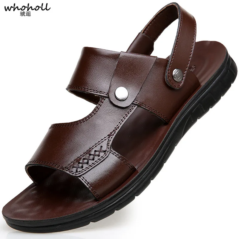 

WHOHOLL New Leather Men Sandals Shoes Summer Leisure Beach Men's Sandals High Quality Sandals Slippers Bohemia Big Size 6.5-9.5