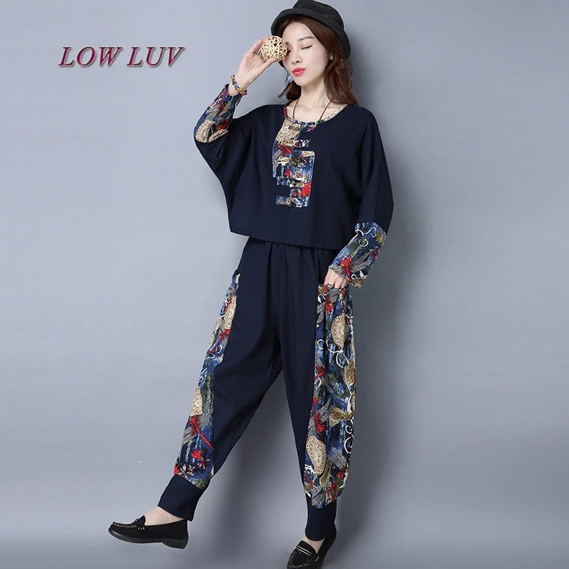 

Size M-3XL Women Crop Top And Pant Set Spring Autumn Women Suits Cotton Linen Two Piece Set Floral Print Women Clothing