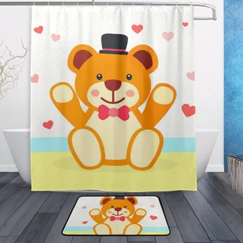 

Decorative Waterproof Polyester Shower Curtain 152cmx183cm With Hooks Non Slip Doormat Bathroom Floor Mat Teddy Bear Door Mat