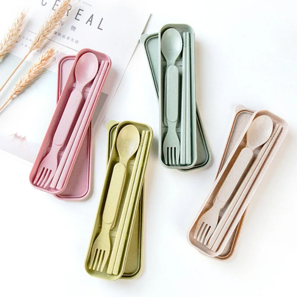 

3 Pcs/Set New Style Creative Portable Wheat Straw Tableware Cutlery Set Include Fork Spoon Chopsticks Case Tafelgerei Vajilla