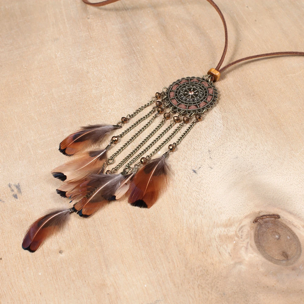 Этническое женское ожерелье в стиле панк с перьями, винтажное длинное ожерелье с подвеской в виде Ловец снов, богемное длинное ожерелье для женщин