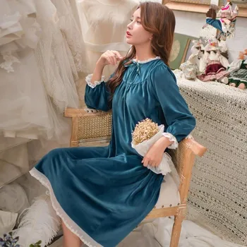 

2019 autumn winter new sweet style [alace nightgowns female lace patchwork long sleeve flannel sleep dress home clothes gx1394