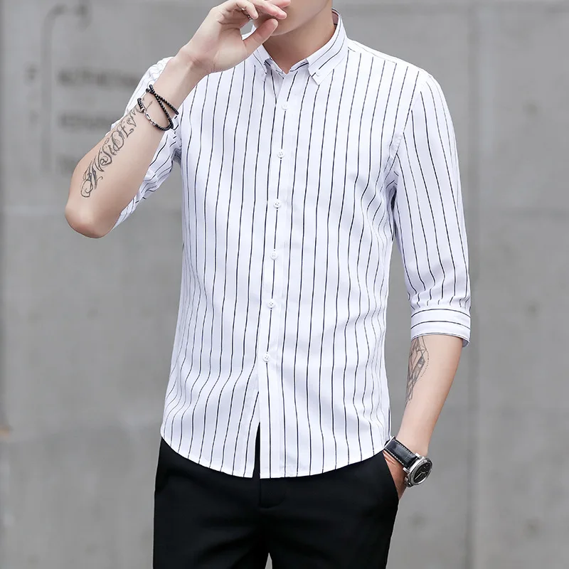 

MRMT 2019 Brand New Spring and Summer New Men's Shirt Stripe Seven-minute Sleeve Shirt for Male Trim Tops Shirt
