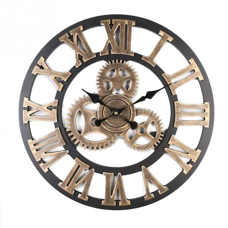 80CM Retro Vintage Wooden Large Wall Clock Luxury 3D Art Big Gear Clock Home Decoration Roman numerals Antique Clock CW224