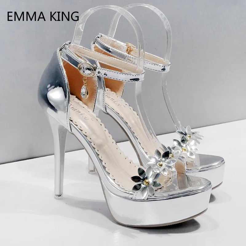 

New Gladiador Sandals Women 12CM Super High-heeled Shoes Platform Silver Buckle Flowers Ladies Sandals 2018 Summer Shoes