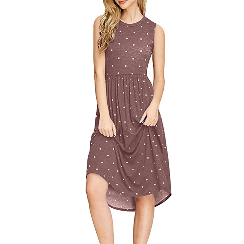  New Women Summer Fashion Pleated Polka Dot Pocket Loose Swing O-Neck Casual Midi Dress Elegant Lady Holiday Daily Dress #4R08 (9)