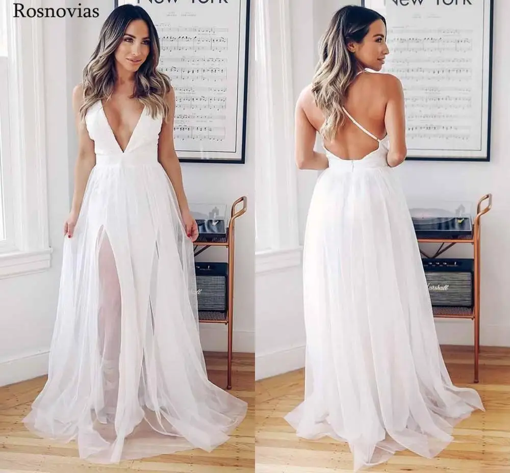 

2019 Summer Beach Wedding Dresses Deep V Neck Backless Split Sweep Train Modest Cheap Garden Bridal Gowns Vestido De Novia