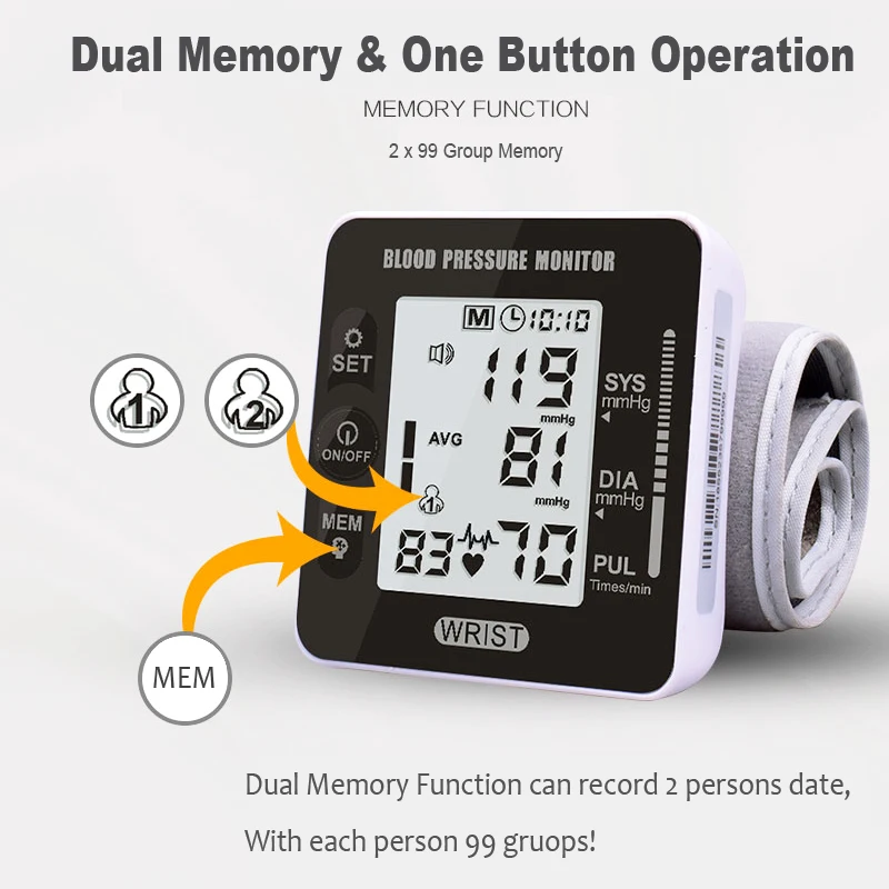 

Digital Blood Pressure Heart Monitor Tensiometer Wrist Tonometer Automatic BP Pulse Rate Meter Sphygmomanometer