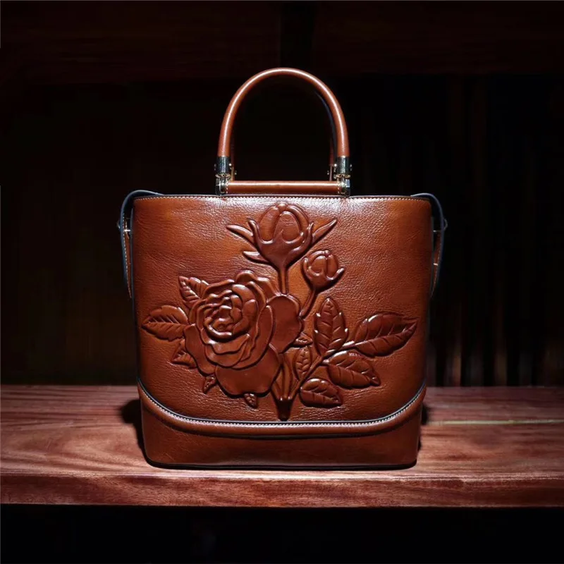 

Italian private label Custom logo wholesale famous brand Genuine Leather women's shoulder bag national wind large capacity bags