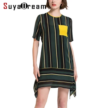 

Women Silk dress Luxury 100% Natural silk Mini Length Striped dress Short sleevesd Casual dresses 2018 Spring Summer