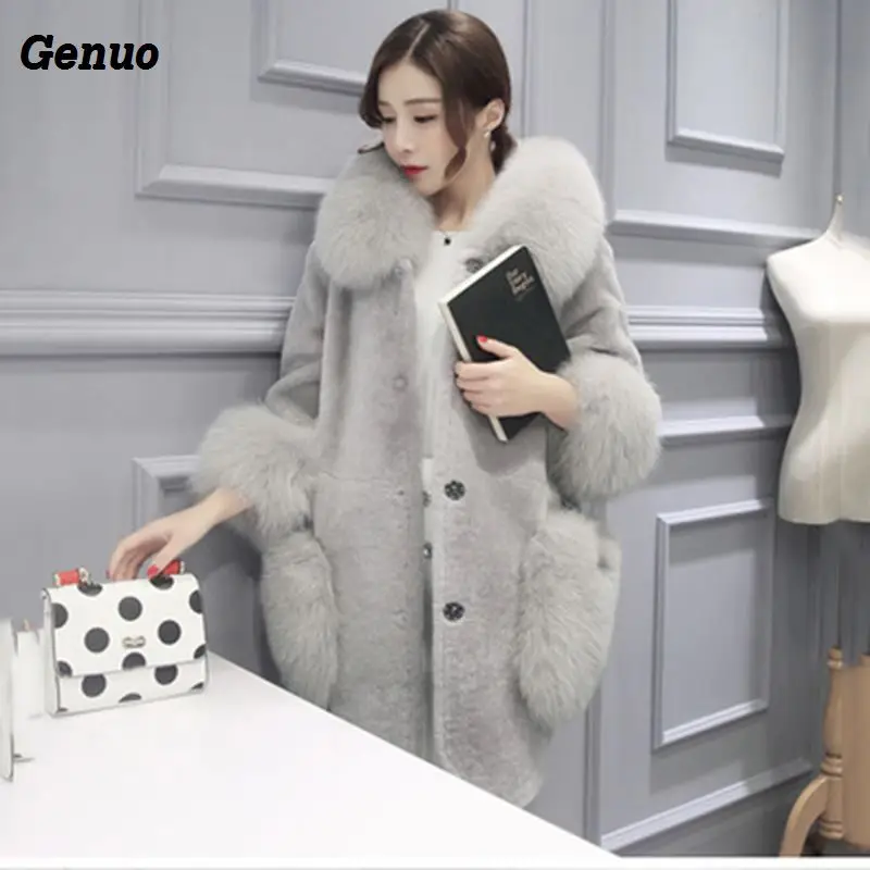 Genuo Winter Luxury Faux Fox Fur Coat Slim Long Faux Fur Jacket Overcoat Women Hooded Fur Pocket Warm Coat Outwear Party Clothes