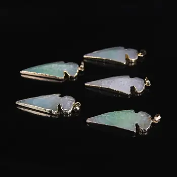 

5pcs,Green Agates Faceted Arrow Slab Druzy Pendant,Gold edged Raw Chalcedony Freeform Slice Pendant Necklace Jewelry Crafts
